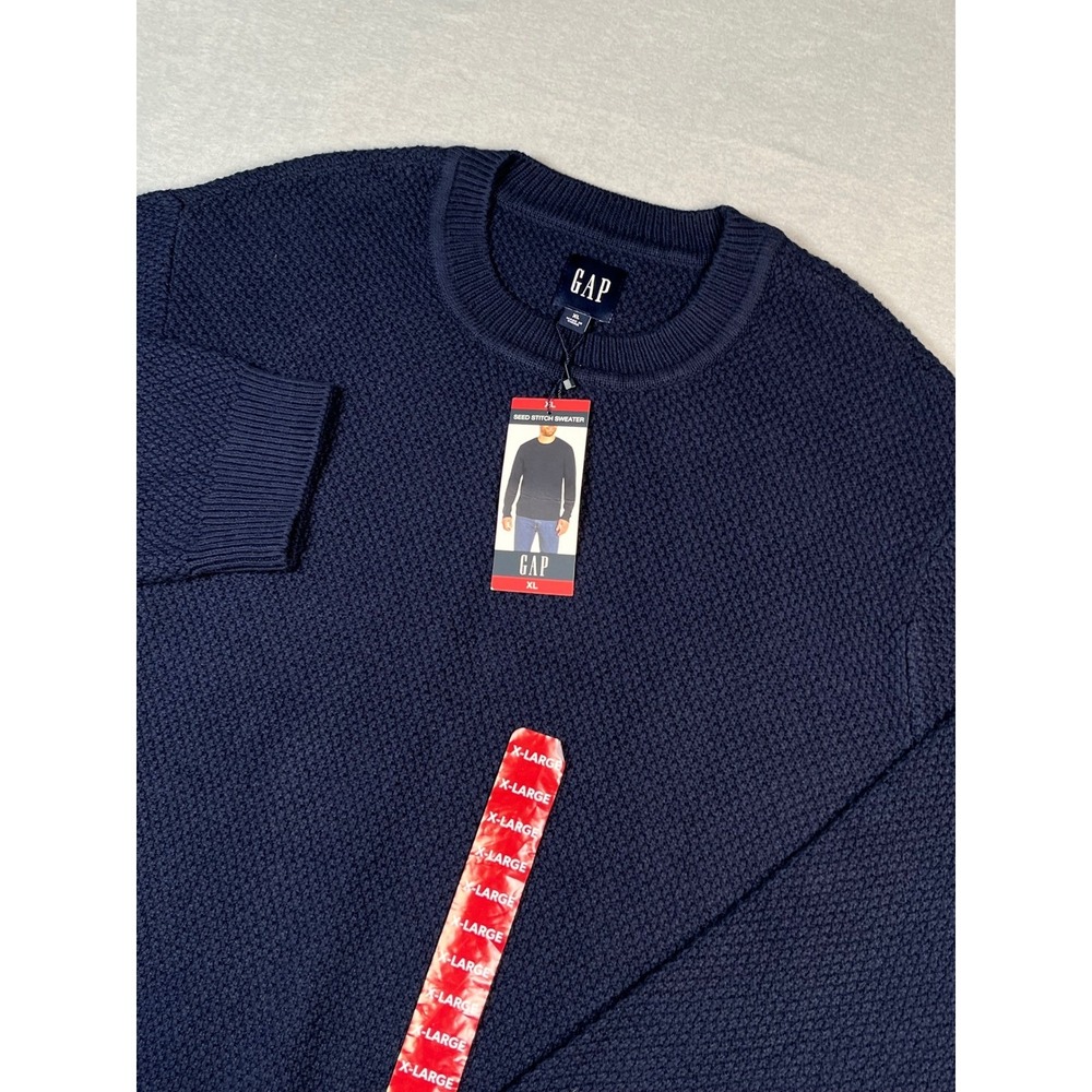 New GAP Men Navy Blue Textured Knit fisherman Crew Neck Long Sleeve Sweater XL